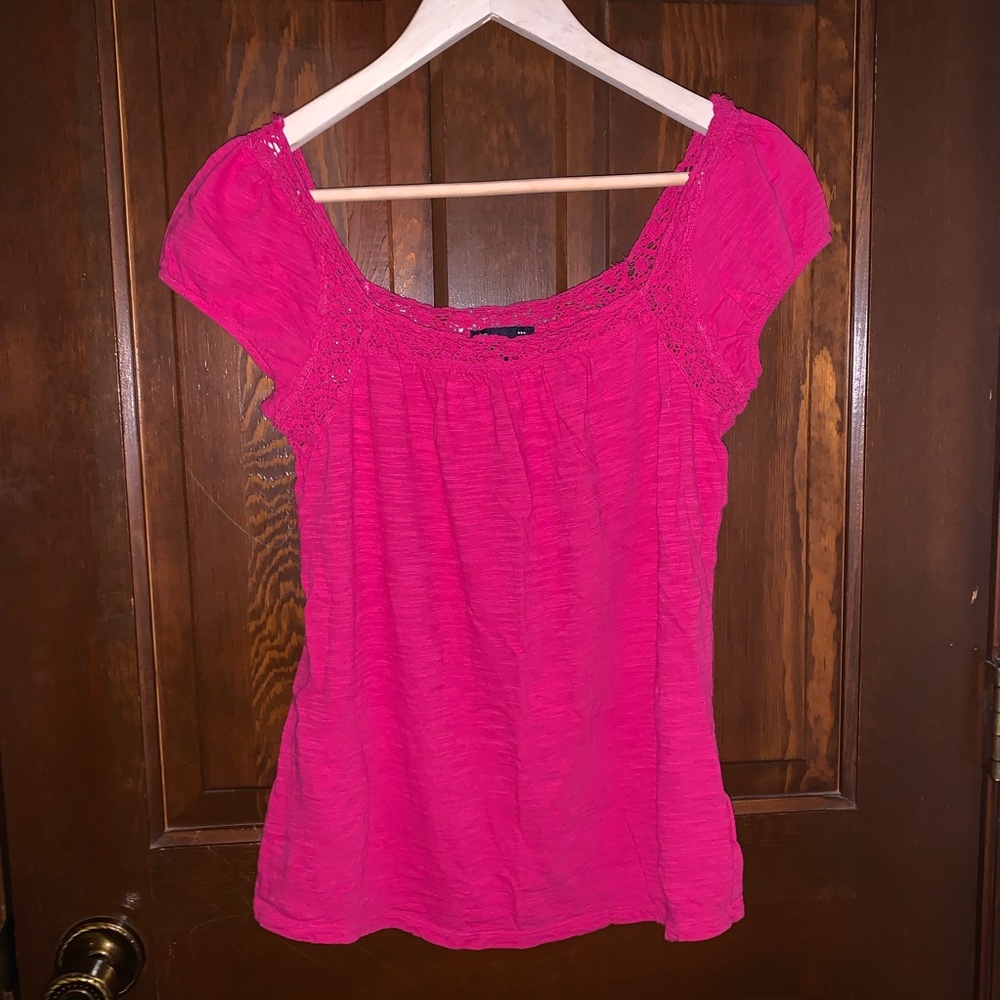 Hot Pink Lace Trim Short Sleeve Tee Y2K